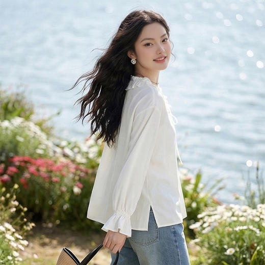 【限时秒杀】西遇木耳边V领系带衬衫女2026年春季新款温柔风喇叭袖雪纺上衣10360069 商品图4