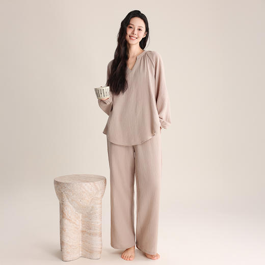 怡吾色女睡衣双层纱轻盈透气柔柔棉V领家居服套装 商品图2