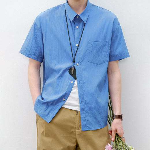 714street夏季轻薄亲肤透气莱赛尔天丝微皱纹理短袖衬衫男女同款 商品图1