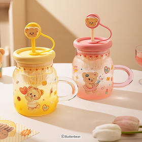 摩登主妇&黄油小熊】玻璃杯带盖吸管水杯大容量办公室咖啡杯子