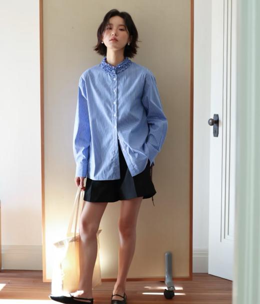 老米优品🎈一眼沦陷的春日温柔感💙《蓝色条纹立领木耳边法式衬衫》小立领很强izhi，65%棉，轻柔有垂感~ 商品图5