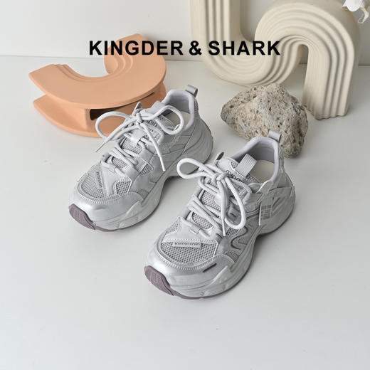 经典鲨2026年夏季专柜新品牛皮革薄款网面透气休闲老爹鞋女KW160-629121 商品图0