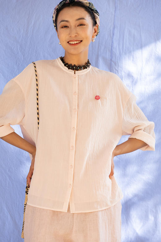 牧衣游原创 棉麻衬衫新款通勤粉色轻薄文艺休闲百搭衬衣开衫 小眠 商品图5