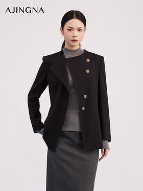 【商场同款】阿菁娜春季新款设计感斜襟上衣金属纽扣斜排点缀圆领利落肌理挺括A31C107023