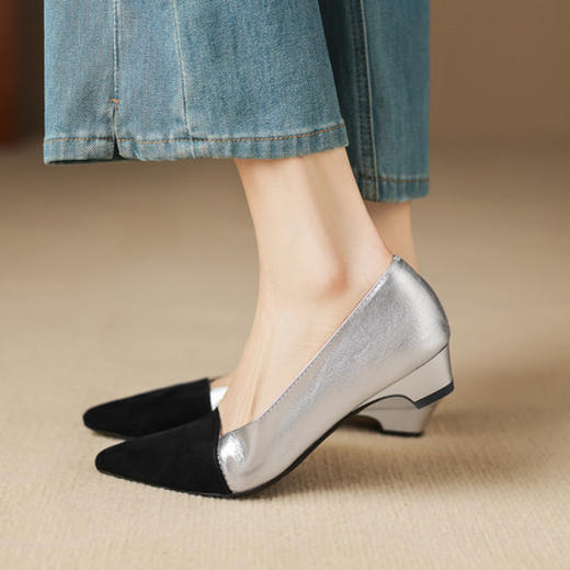 【预售7天】尖头低跟浅口单鞋拼接气质小香风通勤法式女鞋KENXY&A616 商品图1