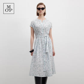 MOP夏季新款好看女士纯棉收腰显瘦碎花法式V领长款连衣裙度假风