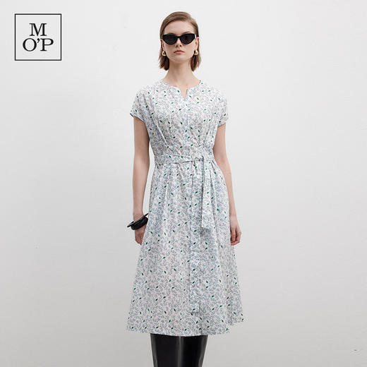 MOP夏季新款好看女士纯棉收腰显瘦碎花法式V领长款连衣裙度假风 商品图0
