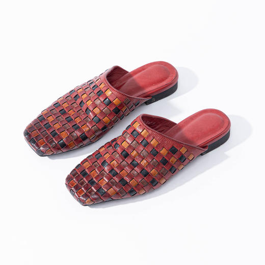 绽放/LSX017朵织出一缕红*新款纯牛皮手工编织撞色方格一脚蹬皮鞋 商品图4