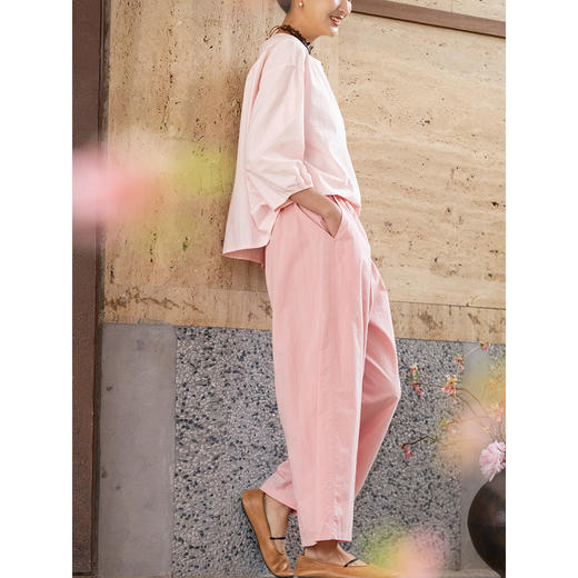 牧衣游原创 净色纯棉休闲长裤新款宽松百搭舒适松紧腰裤子 春意蓝 商品图2