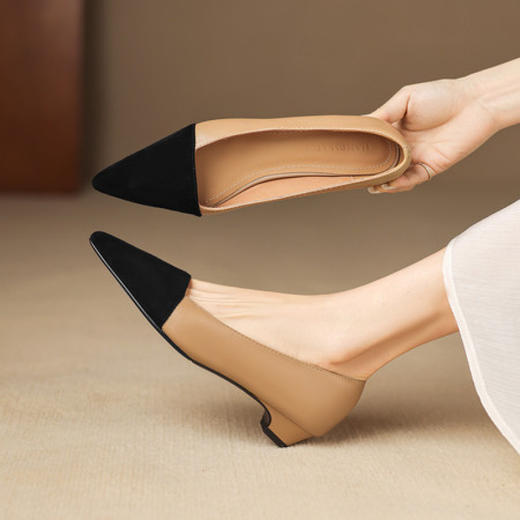 【预售7天】尖头低跟浅口单鞋拼接气质小香风通勤法式女鞋KENXY&A616 商品图0