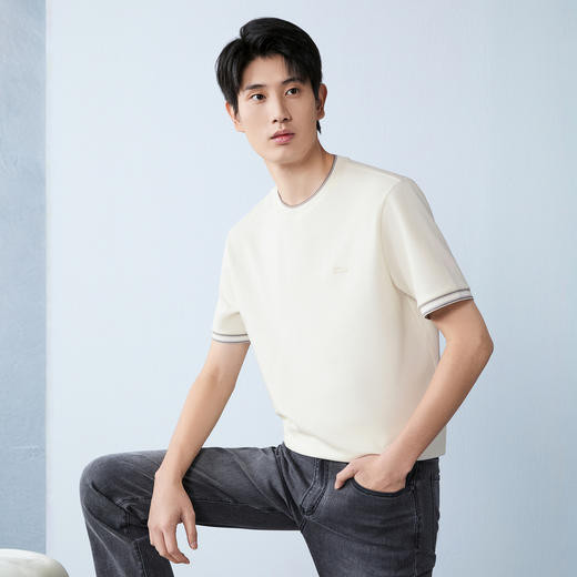 【领子撞色条纹】柒牌男式短袖T恤2026春夏新品百搭华夫格上衣 130T72410 商品图1