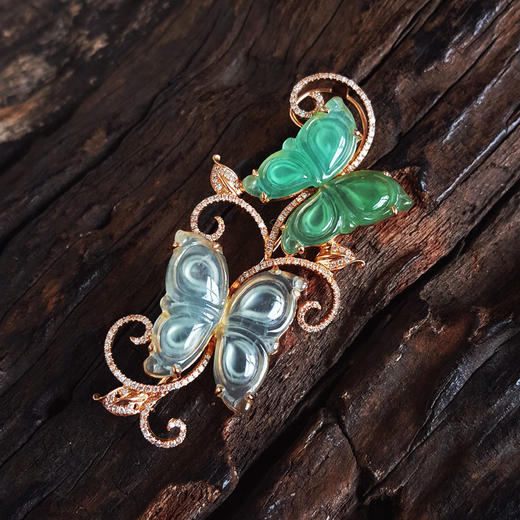 【天然正品】A货翡翠AU750黄金镶钻镶天然细腻冰种双色蝴蝶造型翡翠胸针吊坠两用款56.1*26.3*5.5MM（皆取最大值）280226HSD47 商品图4