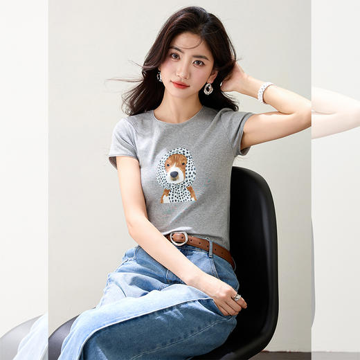 西遇圆领宽松灰色短袖T恤女2026年夏季新款撞色小狗印花休闲上衣SS060228 商品图0