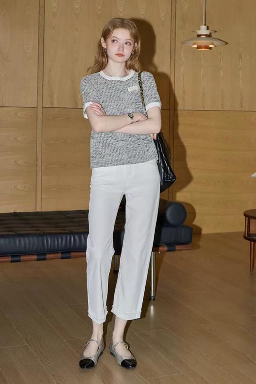 F0316108夏季新款法式小香风肌理感浮雕钉珠拼色圆领短袖T恤 商品图6