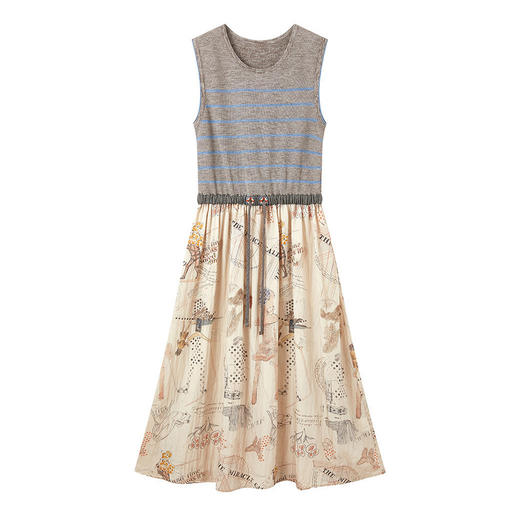 谜底艺术印花连衣裙无袖2026夏新品条纹拼接腰部抽绳女262ML0616 商品图4