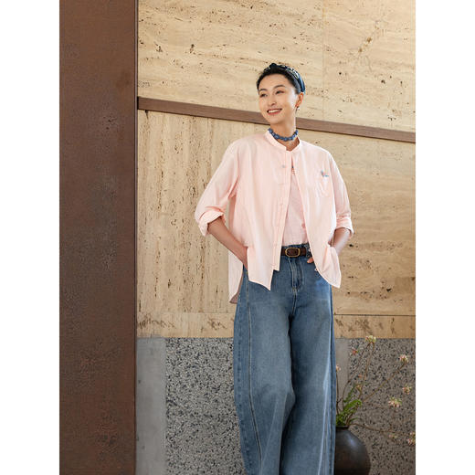 牧衣游原创 手工刺绣60支纯棉净色衬衫新款通勤简约百搭衬衣 皎月 商品图2