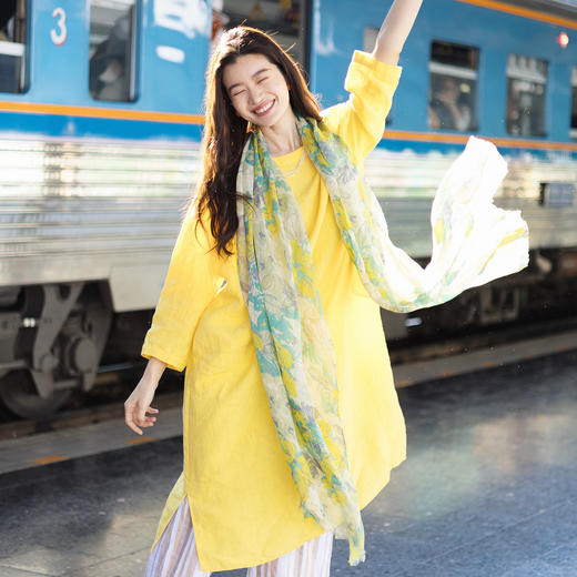 绽放/LSX026朵春花*纯亚麻春夏绿底印花搭配感围巾春日小清新女 商品图0