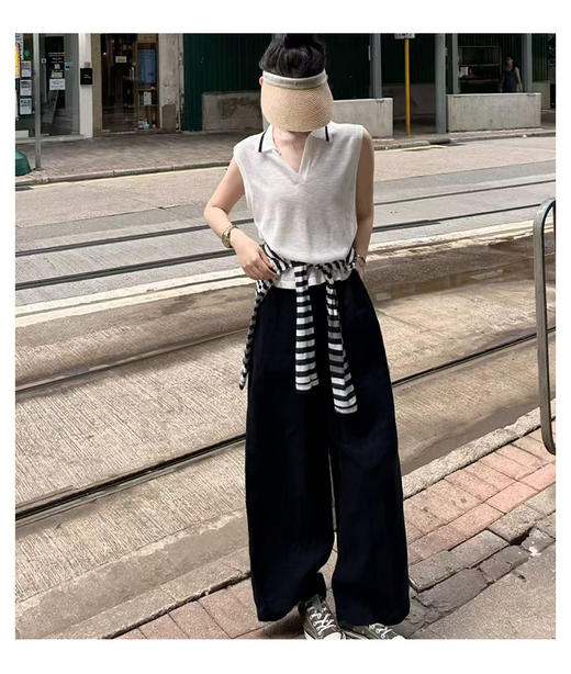 精选优质白色棉麻休闲裤 女夏季新款高腰垂感宽松阔腿慵懒风净色裤 亚麻运动裤 商品图5