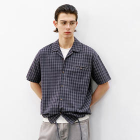 714street复古亚麻格子衬衫男2026夏季潮牌宽松落肩棉麻短袖衬衣