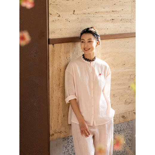 牧衣游原创 棉麻衬衫新款通勤粉色轻薄文艺休闲百搭衬衣开衫 小眠 商品图1