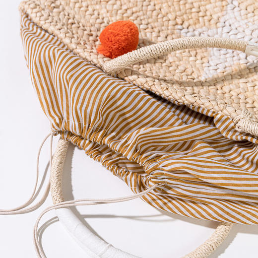 绽放JS026朵/玉米皮大容量大开扣设计编织毛球拼接手提包 商品图3