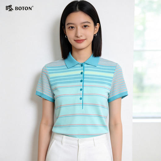 【第2件半价！尾货清仓不退换】波顿夏季女士短袖T恤马卡龙条纹翻领舒适百搭polo衫LT199215 商品图1