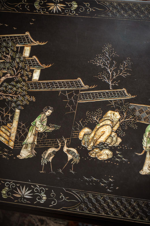【已售】独角鹿西洋古董20世纪初中国出品黑漆描金款彩人物园林主题长方矮桌几 商品图8