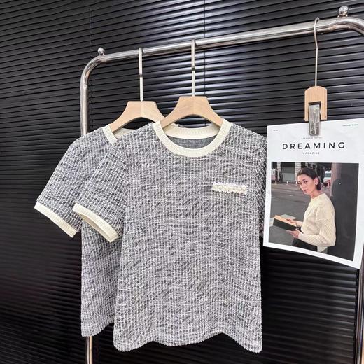 F0316108夏季新款法式小香风肌理感浮雕钉珠拼色圆领短袖T恤 商品图1