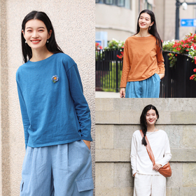 特绽放512朵/油画T·棉针织一字领落肩油画色彩长袖T恤女春打底衫