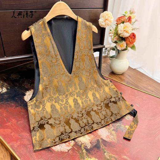新中式提花深V领无袖侧边纽扣马甲 商品图3