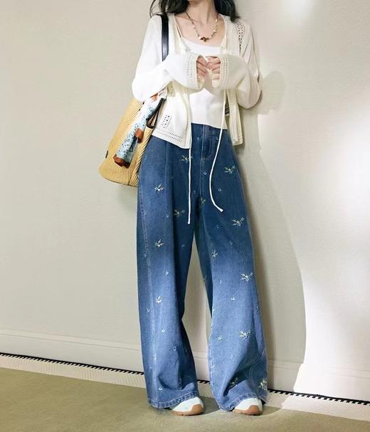 F031690蓝色刺绣碎花水洗牛仔裤子女2026春新款垂感拖地阔腿长裤 商品图12
