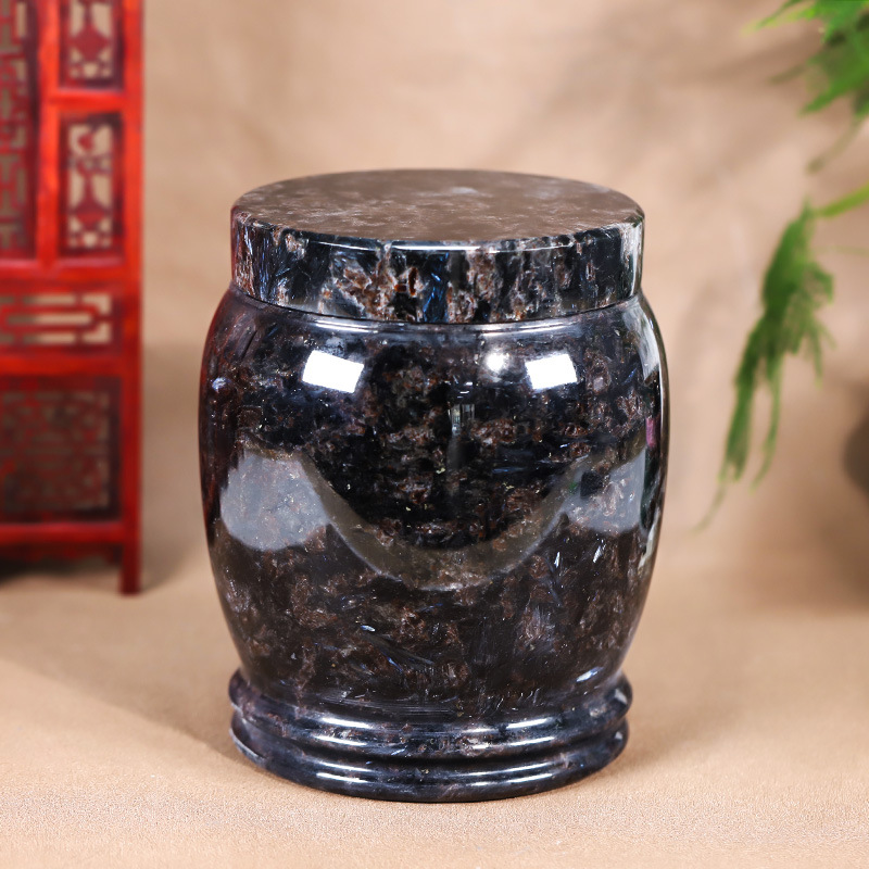 天然玉石骨灰坛黑色净面骨灰桶骨灰坛20*20cm