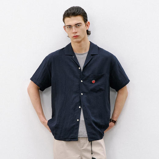 714street莱赛尔亚麻海鸥领短袖衬衫男2026夏季休闲复古老钱衬衣 商品图2