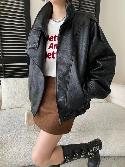 F031692女装欧美立领机车感PU皮长袖立领夹克短外套 商品图13