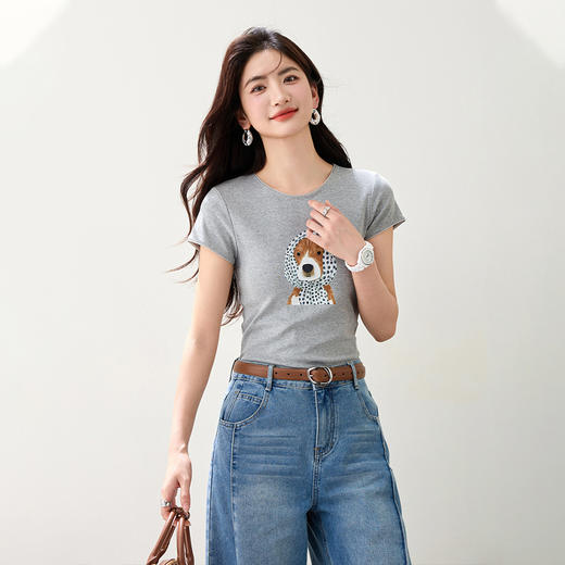西遇圆领宽松灰色短袖T恤女2026年夏季新款撞色小狗印花休闲上衣SS060228 商品图1