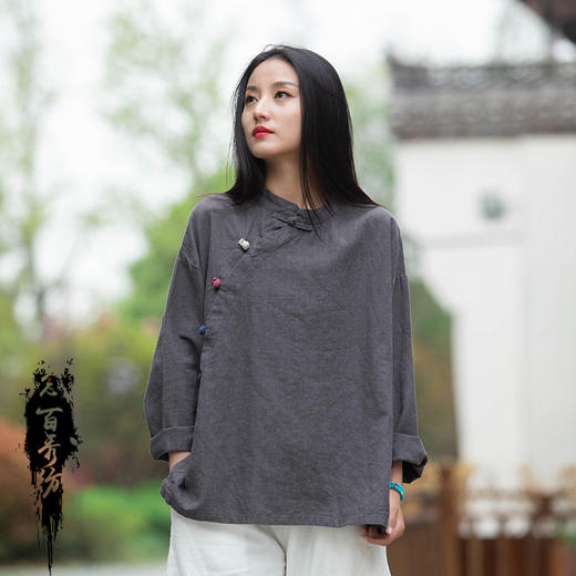 春夏新款新中式棉麻衬衫 立领偏襟拼色砂洗盘扣上衣衬衫 商品图2