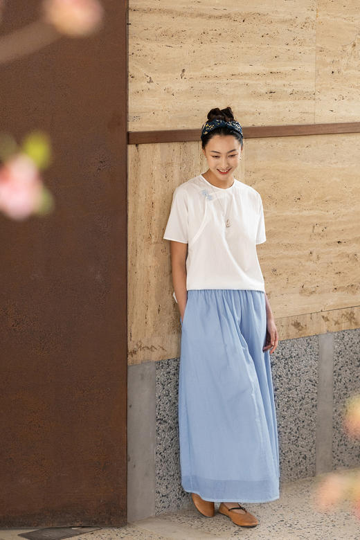 牧衣游原创 60支纯棉中式风小衫新款复古文艺百搭套头短袖 罗兰 商品图5