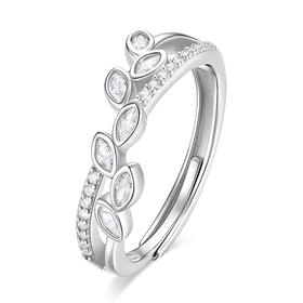 卡蒂罗KADER 流光叶子女戒  925银闪锆错落点缀璀璨闪耀吸睛简约百搭可调节戒 约会告白女友