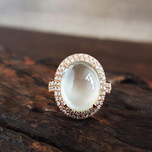 【天然正品】A货翡翠AU750收藏级玫瑰金豪镶钻镶天然细腻白色高冰种蛋面翡翠戒指13号（戒圈可改）280226NJS76 商品图5