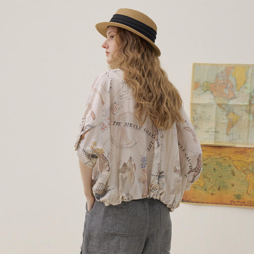 谜底印花衬衣分袖2026夏季新品宽松随性下摆抽绳衬衫女262MC0619 商品图2