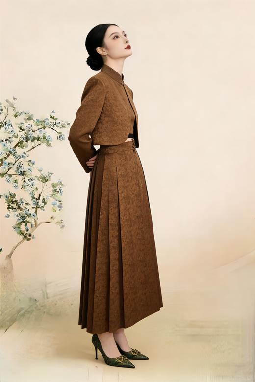 SC1B01_栗壳色_半身裙_春季_新中式提花高腰压褶百褶长款_高级女装_BERNIEELEN 伯妮斯茵 商品图0
