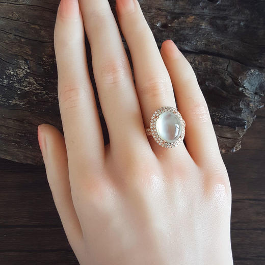 【天然正品】A货翡翠AU750收藏级玫瑰金豪镶钻镶天然细腻白色高冰种蛋面翡翠戒指13号（戒圈可改）280226NJS76 商品图7