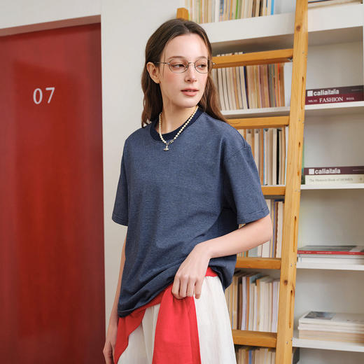 714street复古细条纹短袖上衣2026夏季潮牌宽松撞色圆领情侣T恤男 商品图3