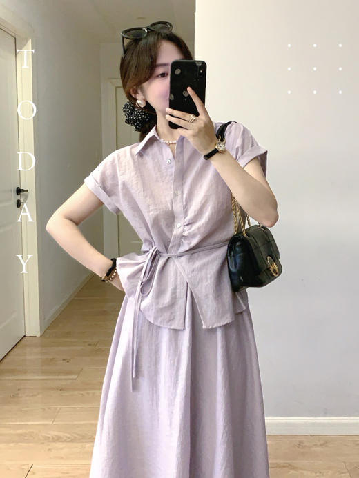 【百图lulu定制】【预售4月17日发】【黛紫套装】细带收腰衬衫 A字半裙 弹力橡筋套装 商品图2