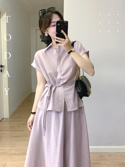 【百图lulu定制】【预售4月17日发】【黛紫套装】细带收腰衬衫 A字半裙 弹力橡筋套装 商品图4