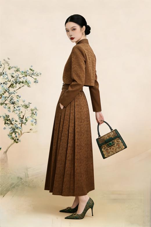 SC1B01_栗壳色_半身裙_春季_新中式提花高腰压褶百褶长款_高级女装_BERNIEELEN 伯妮斯茵 商品图1