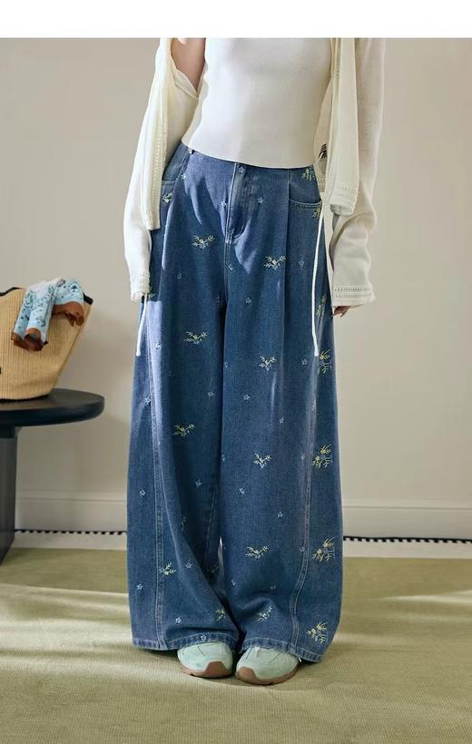 F031690蓝色刺绣碎花水洗牛仔裤子女2026春新款垂感拖地阔腿长裤 商品图6