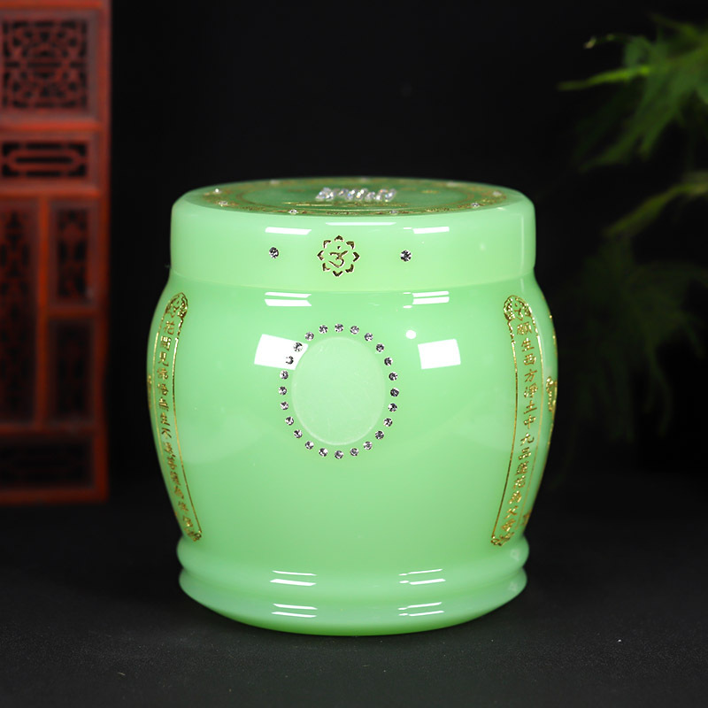帝王绿琉璃骨灰坛阿弥陀佛万字骨灰桶骨灰坛16*19cm