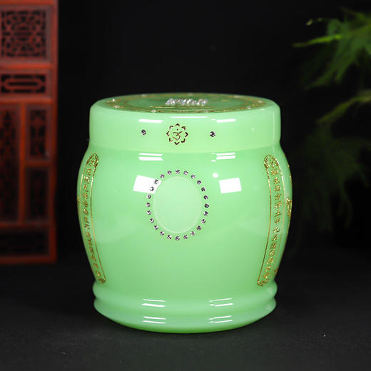 帝王绿琉璃骨灰坛阿弥陀佛万字骨灰桶骨灰坛16*19cm 商品图0