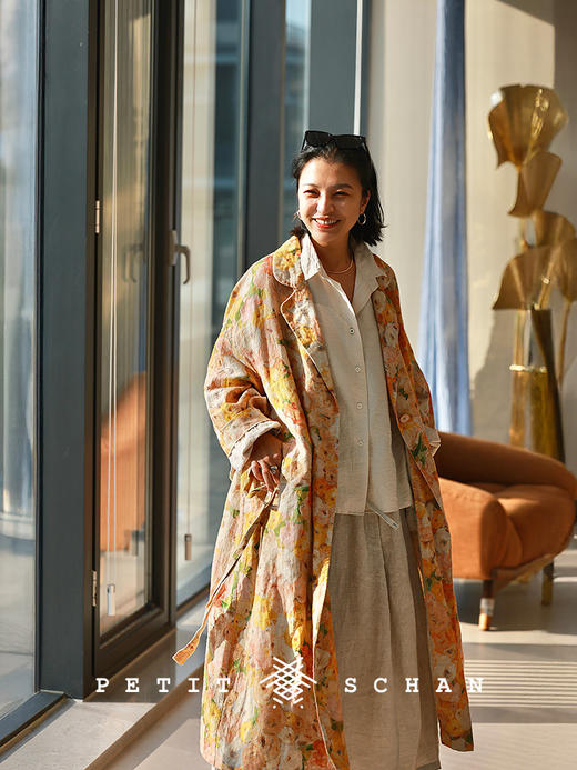 Petit Schan小闪 CLO#1075 Impressionist Garden 印象派花园  原创艺术感油画印花雨露麻长款风衣外套 商品图0